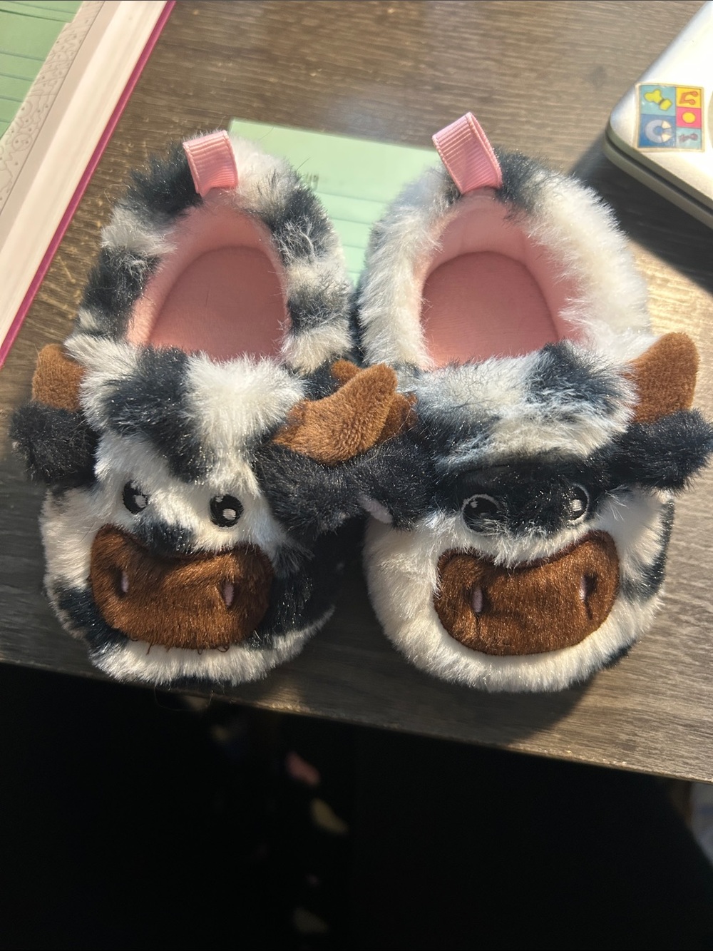 Wonder Nation Plush Cow Slippers - Black White Pink